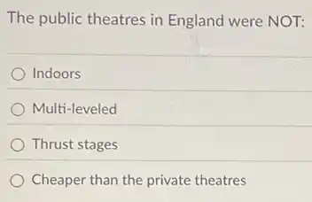 The public theatres in England were NOT:
Indoors
Multi-leveled
Thrust stages
Cheaper than the private : theatres