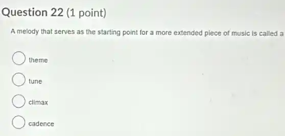 Question 22 (1 point)
A melody that serves as the starting point for a more extended piece of music is called a
theme
tune
climax
cadence