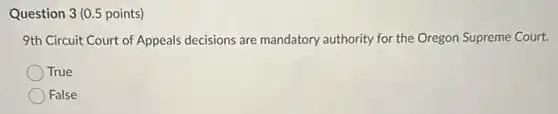 Question 3 (0.5 points)
9th Circuit Court of Appeals decisions are mandatory authority for the Oregon Supreme Court.
True
False
