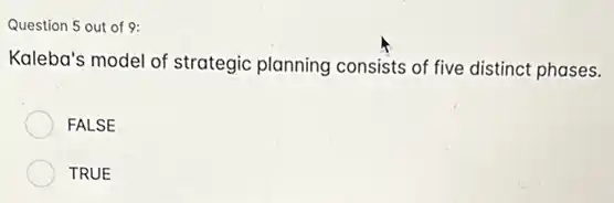 Question 5 out of 9:
Kaleba's model of strategic planning consists of five distinct phases.
FALSE
TRUE