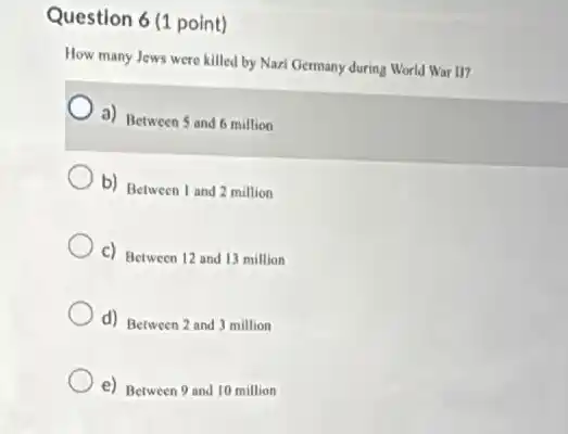 Question 6 (1 point)
How many Jews were killed by Nazi Germany during World War II?
a) Between 5 and 6 million
b) Between 1 and 2 million
c) Between 12 and 13 million
d) Between 2 and 3 million
e) Between 9 and 10 million