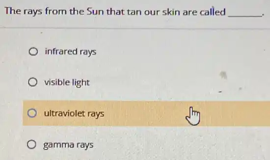The rays from the Sun that tan our skin are called __
infrared rays
visible light
ultraviolet rays
gamma rays