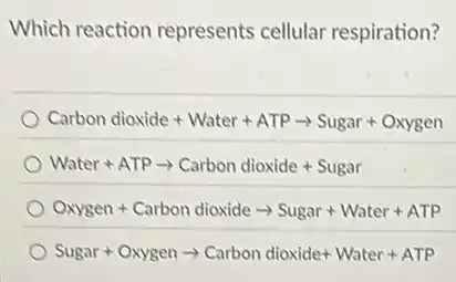 Which reaction represents cellular respiration?
Carbon dioxide+Water+ATParrow Sugar+Oxygen
Water+ATParrow Carbon dioxide+Sugar
Oxygen+Carbon dioxidearrow Sugar+Water+ATP
Sugar+Oxygenarrow Carbon dioxide+Water+ATP