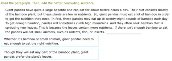 Read the paragraph. Then , add the better concluding sentence.
Giant pandas have quite a large appetite and can eat for about twelve hours a day Their diet consists mostly
of the bamboo plant,but these plants are low in nutrients. So , giant pandas must eat a lot of bamboo in order
to get the nutrition they need. In fact,these pandas may eat up to twenty-eight pounds of bamboo each day!
To get enough bamboo , pandas will sometimes climb high mountains. And they often seek bamboo that is
sprouting new leaves. This is because the leaves contain more nutrients. If there isn't enough bamboo to eat,
the pandas will eat small animals, such as rodents, fish, or insects. __
Whether it's bamboo or small animals, giant pandas need to
eat enough to get the right nutrition.
Though they will eat any part of the bamboo plant, giant
pandas prefer the plant's leaves.
