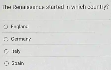 The Renaissance started in which country?
England
Germany
Italy
Spain