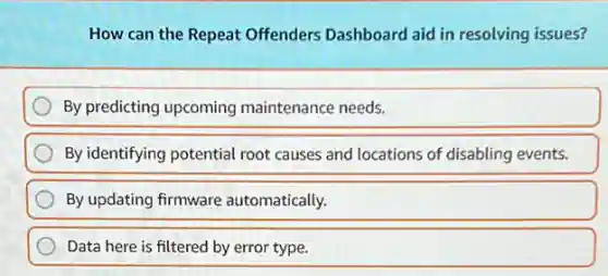 How can the Repeat Offenders Dashboard aid in resolving issues?
By predicting upcoming maintenance needs.
By identifying potential root causes and locations of disabling events.
By updating firmware automatically.
Data here is filtered by error type.