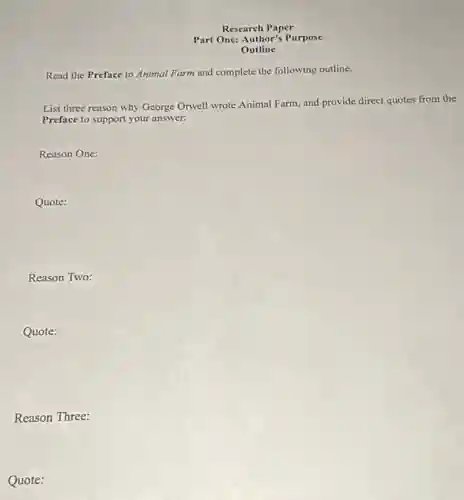 Research Paper
Part One: Author's Purpose
Outline
Read the Preface to Animal Farm and complete the following outline.
List three reason why George Orwell wrote Animal Farm, and provide direct quotes from the
Preface to support your answer:
Reason One:
Quote:
Reason Two:
Quote:
Reason Three:
Quote: