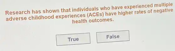 Research has shown that individuals who have experienced multiple
adverse childhood experiences (ACEs have higher rates of negative
health outcomes.
True
False