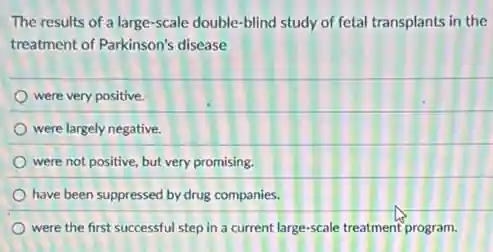 The results of a large-scale double-blind study of fetal transplants in the
treatment of Parkinson's disease
were very positive.
were largely negative.
were not positive, but very promising.
have been suppressed by drug companies.
were the first successful step in a current large-scale treatment program.