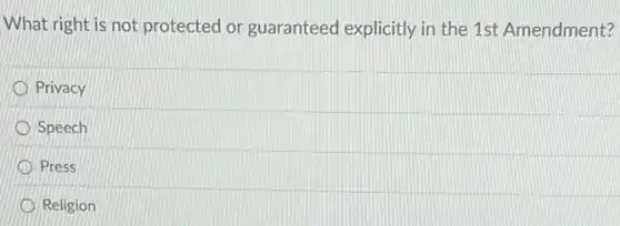 What right is not protected or guaranteed explicitly in the 1st Amendment?
Privacy
Speech
Press
Religion
