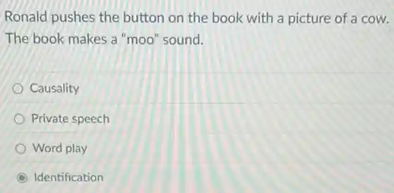 Ronald pushes the button on the book with a picture of a cow.
The book makes a "moo" sound.
Causality
Private speech
Word play
Identification