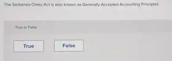 The Sarbanes-Oxley Act is also known as Generally Accepted Accounting Principles.
True or False
True
False