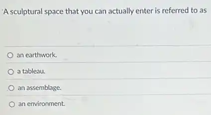 A sculptural space that you can actually enter is referred to as
an earthwork.
a tableau.
an assemblage.
an environment.