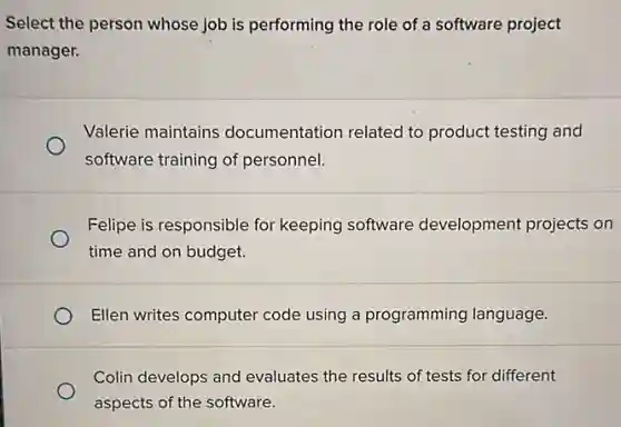 Select the person whose job is performing the role of a software project
manager.
Valerie maintains documentation related to product testing and
software training of personnel.
Felipe is responsible for keeping software development projects on
time and on budget.
Ellen writes computer code using a programming language.
Colin develops and evaluates the results of tests for different
aspects of the software.