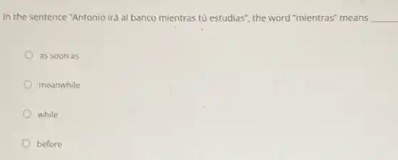 In the sentence "Antonio irá al banco mientras tú estudias", the word "mientras" means __
as soon as
meanwhile
while
before