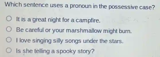 Which sentence uses a pronoun in the possessive case?
It is a great night for a campfire.
Be careful or your marshmallow might burn.
I love singing silly songs under the stars.
Is she telling a spooky story?