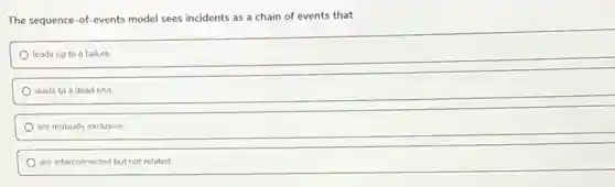 The sequence-of-events model sees incidents as a chain of events that
leads up to a failure.
leads to a dead end.
are mutually exclusive.
are interconnected but not related.