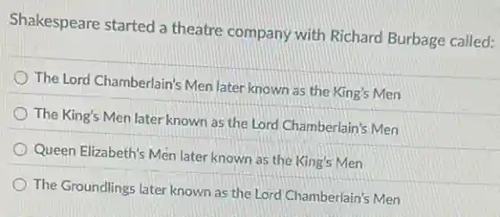 Shakespeare started a theatre company with Richard Burbage called:
The Lord Chamberlain's Men later known as the King's Men
The King's Men later known as the Lord Chamberlain's Men
Queen Elizabeth's Men later known as the King's Men
The Groundlings later known as the Lord Chamberlain's Men