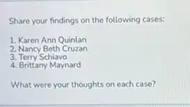 Share your findings on the following cases:
1. Karen Ann Quinlan
2. Nancy Beth Cruzan
3. Terry Schiavo
4. Brittany Maynard
What were your thoughts on each case?