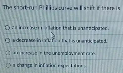 The short-run Phillips curve will shift if there is
an increase in inflation that is unanticipated.
a decrease in inflation that is unanticipated.
an increase in the unemployment rate.
a change in inflation expectations.