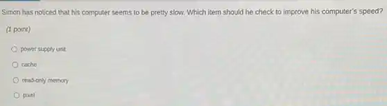 Simon has noticed that his computer seems to be pretty slow. Which item should he check to improve his computer's speed?
(1 point)
power supply unit
cache
read-only memory
pixel