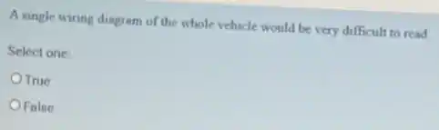 A single wiring diagram of the whole vehicle would be very difficult to read
Select one:
True
False