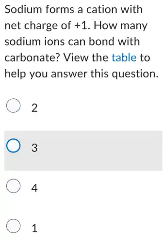 Sodium forms a cation with
net charge of +1 . How many
sodium ions can bond with
carbonate ? View the table to
help you answer this question.
2
3
4
1