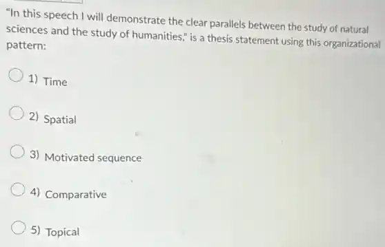 "In this speech I will demonstrate the clear parallels between the study of natural
sciences and the study of humanities," is a thesis statement using this organizational
pattern:
1) Time
2) Spatial
3) Motivated sequence
4) Comparative
5) Topical