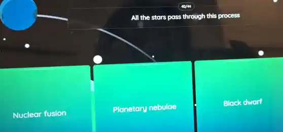 All the stars pass through this process
Nuclear fusion
Planetary nebulae
Black dwarf