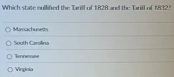 Which state nullified the Tariff of 1828 and the Tariff of 1832?
Massachusetts
South Carolina
Tennessee
Virginia