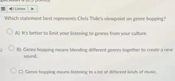 Which statement best represents Chris Thile's viewpoint on genre hopping?
A) It's better to limit your listening to genres from your culture.
B) Genre hopping means blending different genres together to create a new
sound.
C) Genre hopping means listening to a lot of different kinds of music.