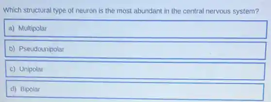Which structural type of neuron is the most abundant in the central nervous system?
a) Multipolar
b) Pseudounipolar
c) Unipolar
d) Bipolar