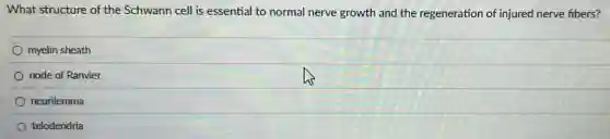 What structure of the Schwann cell is essential to normal nerve growth and the regeneration of injured nerve fibers?
myelin sheath
node of Ranvier
neurilemma
telodendria