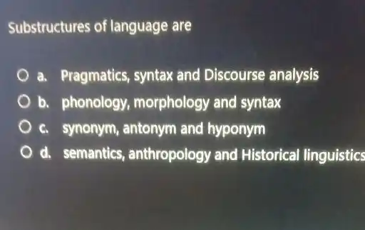 Substructures of language are
a. Pragmatics, syntax and Discourse analysis
b. phonology morphology and syntax
c. synonym, antonym and hyponym
d. semantics anthropology and Historical linguistics