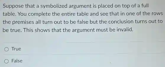 Suppose that a symbolized argument is placed on top of a full
table. You complete the entire table and see that in one of the rows
the premises all turn out to be false but the conclusion turns out to
be true. This shows that the argument must be invalid.
True
False