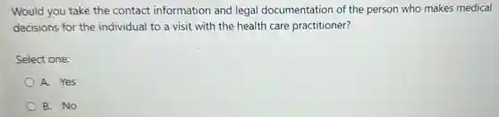 Would you take the contact information and legal documentation of the person who makes medical
decisions for the individual to a visit with the health care practitioner?
Select one:
A. Yes
B. No