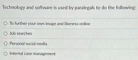 Technology and software is used by paralegals to do the following:
To further your own image and likeness online
Job searches
Personal social media
Internal case management