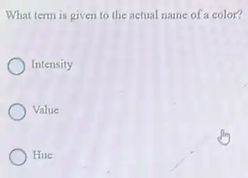 What term is given to the actual name of a color?
Intensity
Value
Hue