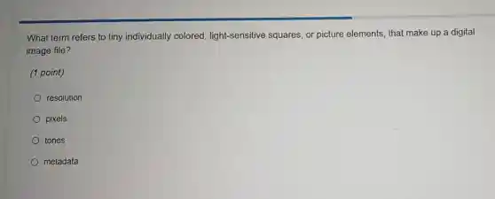 What term refers to tiny individually colored light-sensitive squares, or picture elements, that make up a digital
image file?
(1 point)
resolution
pixels
tones
metadata