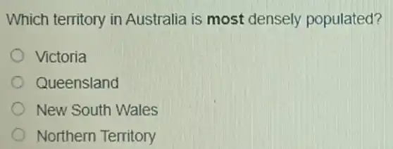 Which territory in Australia is most densely populated?
Victoria
Queensland
New South Wales
Northern Territory