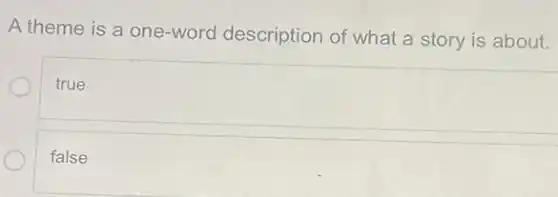 A theme is a one-word description of what a story is about.
true
false