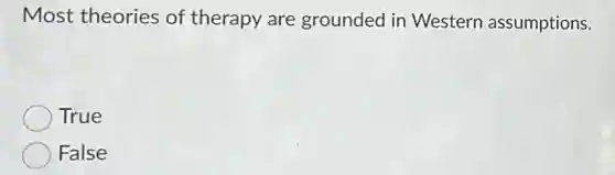 Most theories of therapy are grounded in Western assumptions.
True
False