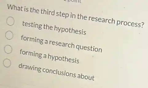 What is the third step in the research process?
testing the hypothesis
forming a research question
forming a hypothesis
drawing conclusions about