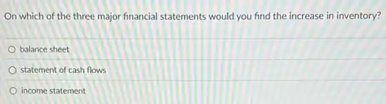 On which of the three major financial statements would you find the increase in inventory?
balance sheet
statement of cash flows
income statement