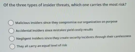 Of the three types of insider threats which one carries the most risk?
Malicious insiders since they compromise our organization on purpose
Accidental insiders since mistakes yield costly results
Negligent insiders since they create security incidents through their carelessness
They all carry an equal level of risk
