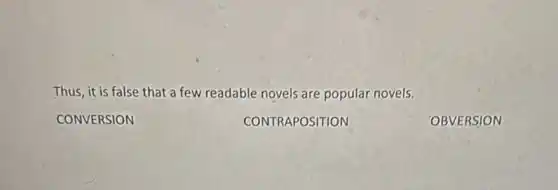 Thus, it is false that a few readable novels are popular novels.
CONVERSION
CONTRAPOSITION
OBVERSION