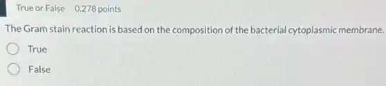 True or False 0.278 points
The Gram stain reaction is based on the composition of the bacterial cytoplasmic membrane.
True
False