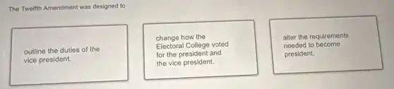 The Twelfth Amendment was designed to
outline the duties of the
vice president.
change how the
Electoral College voted
for the president and
the vice president.
alter the requirements
needed to become
president.