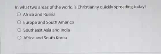 In what two areas of the world is Christianity quickly spreading today?
Africa and Russia
Europe and South America
Southeast Asia and India
Africa and South Korea