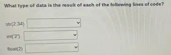 What type of data is the result of each of the following lines of code?
str(2.34) square
int('2') square
float(2) square